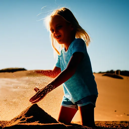 Prompt: little blond girl, making a sandcastle!!! on an Australian Beach, red!!! sand, golden hour, Canon EOS R3, f/1.4, ISO 200, 1/160s, 8K, RAW, unedited, symmetrical balance, in-frame