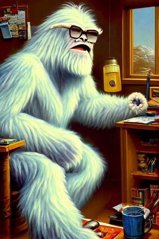 Prompt: classic oil painting, a yeti that is dressed in pajamas, as a dnd character, in a cluttered office, cottagecore, highly detailed, digital illustration, concept art, smooth, sharp focus, art by tim hildebrandt, and greg hildebrandt