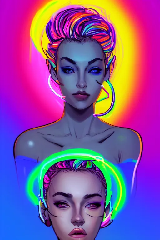 Image similar to a award winning portrait of a beautiful woman with stunning eyes in a one off shoulder crop top and cargo pants with rainbow colored hair, outlined by whirling illuminated neon lines and fine lines swirling in circles by greg tocchini, digital art, trending on artstation