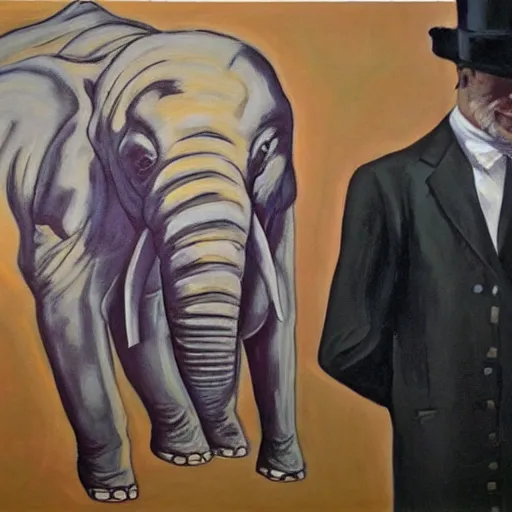 Image similar to in an art gallery, there is a huge painting of an elephant by marlene dumas. a man in a top hat and a suit is looking up at the painting. cgsociety, surrealism, surrealist, dystopian art, purple color scheme