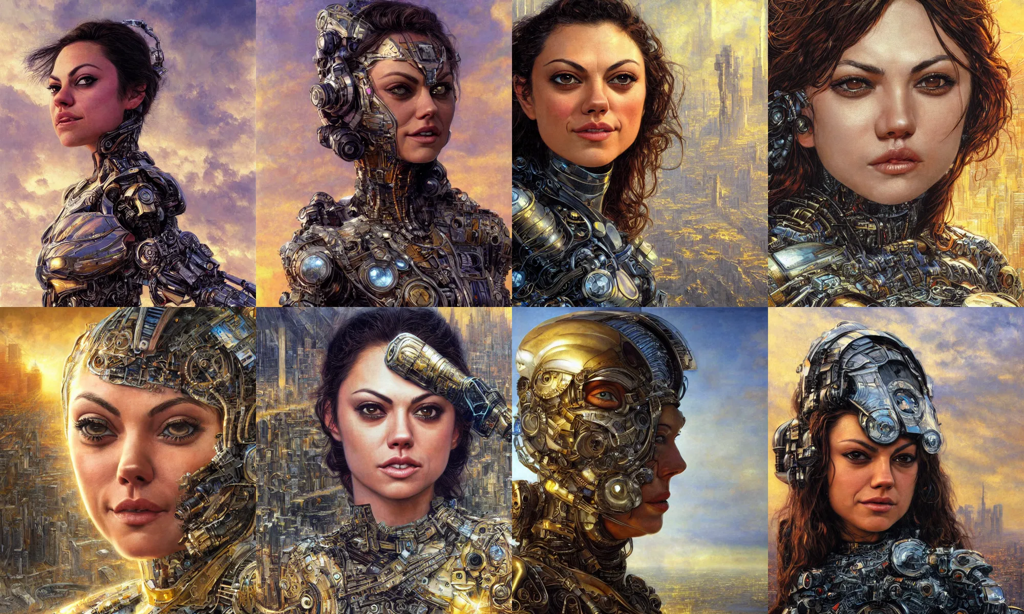 Image similar to close - up portrait of epic young mila kunis smiling into camera, intricate cyborg armor, vista of futuristic city, windy, golden hour, wlop, by gerald brom, by mikhail vrubel, by peter elson, muted colors, extreme detail, trending on artstation