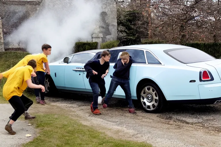 Image similar to Group of teenagers push Rolls-Royce into lake from small slide