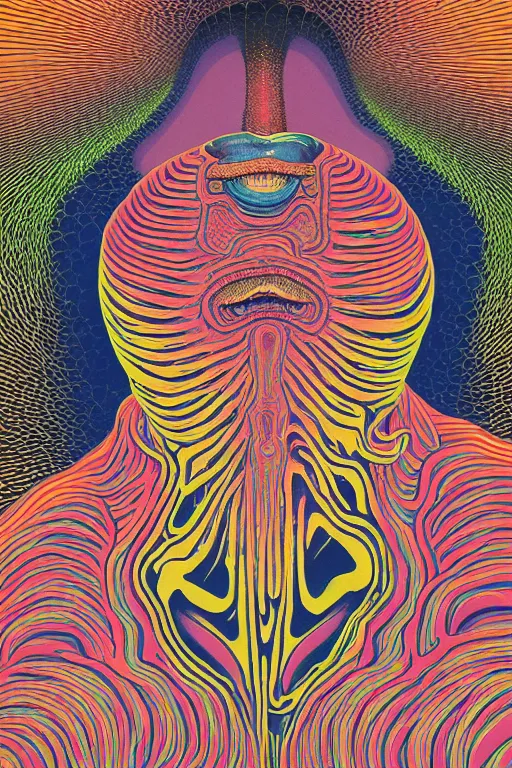 Image similar to man eats a tab of LSD acid on his tongue and dreams psychedelic hallucinations, screenprint by kawase hasui, alex grey and dan hillier, colorful flat surreal design, hd, 8k, artstation