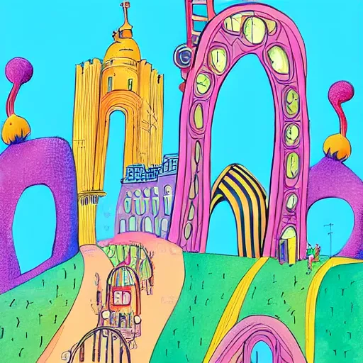 Image similar to fanciful city filled with curvy buildings, by dr seuss, oh the places you'll go, arches, platforms, towers, bridges, stairs, colorful kids book illustration