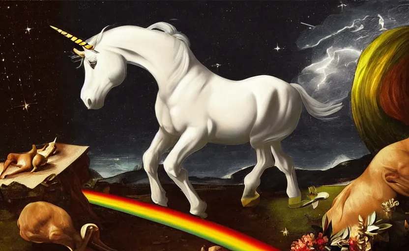 Image similar to a lonely unicorn walking on a rainbow in the universe in the style of Caravaggio, digital art, high quality, highly detailed, high coherence, anatomically correct, Caravaggio, concept art, marterpiece