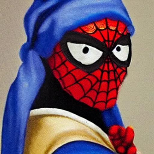 Image similar to Spiderman with a pearl earring by Vermeer