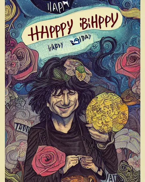 Prompt: happy birthday postcard in a style of Neil Gaiman book, trending on artstation, 8k, highly detailed