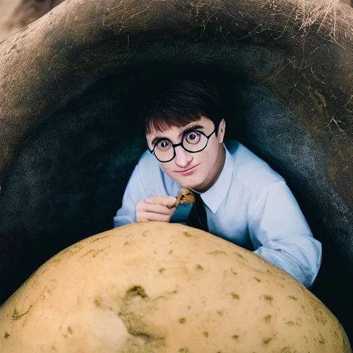 Prompt: harry potter, laying inside of a giant potato, idaho, photography, closeuo, midshot, midday, realistic, cinematic