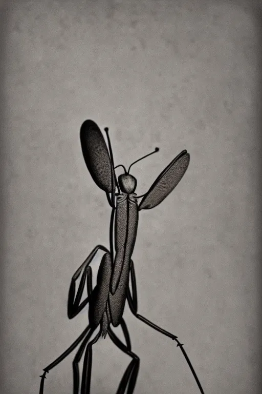 Prompt: anthropomorphic praying mantis, wearing a suit, vintage photograph, sepia