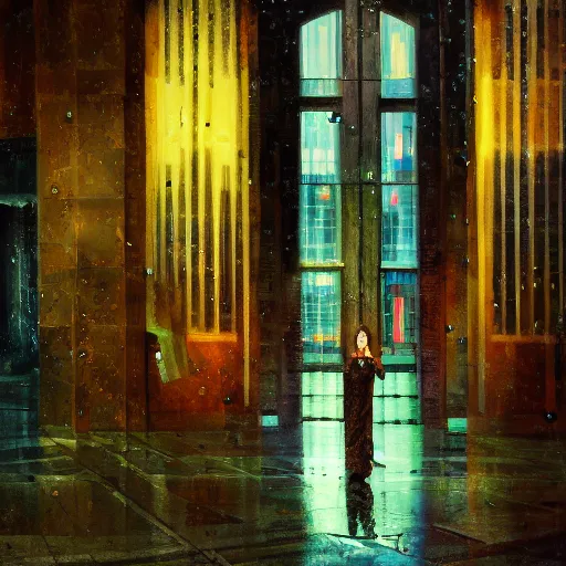 Image similar to scene, moment, beautiful woman, courtyard, capital, cybermosque interior, control panel, watcher, omniscient, tech noir, wet reflections, impressionism, matte painting, speed painting, chiaroscuro, oil on canvas