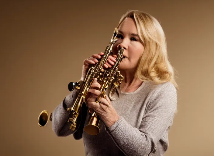 Prompt: photo still of tuesday weld playing a clarinet, 8 k, studio lighting bright ambient lighting key light, 8 5 mm f 1. 8