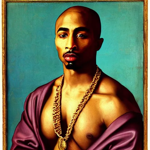 Image similar to A Renaissance portrait painting of Tupac Shakur