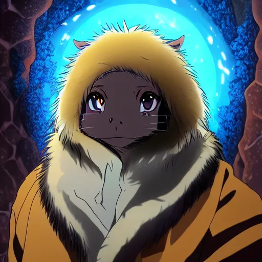 Image similar to key anime visual portrait of a anthro turtle furry with beautiful eyes, wearing furs, ice cave, official modern animation