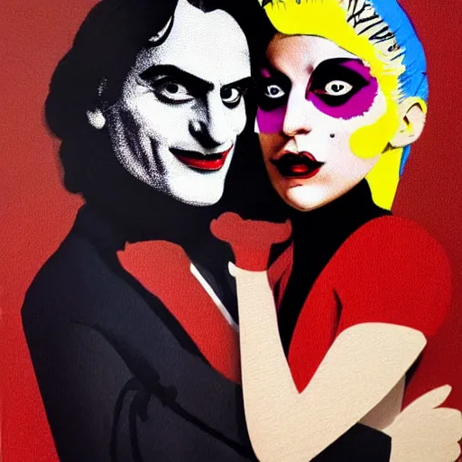 Prompt: mimmo rottela and banksy as joaquin phoenix skinny joker holding hand lady gaga harley queen, very realistic, intricate details, pop art style, concept art, confident, love, random object movement, 3 colours, proportional, warm color, 4 k, ultra smooth, sharp focus