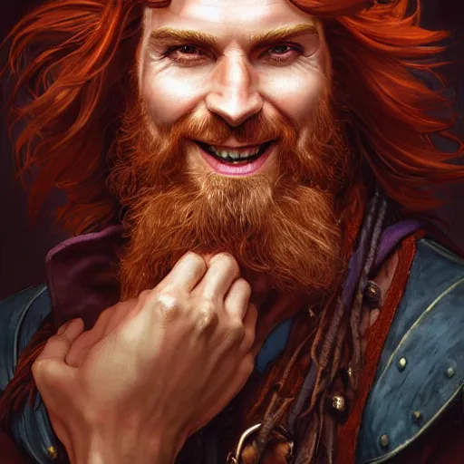 Image similar to portrait of a young ruggedly handsome but joyful pirate, male, masculine, upper body, crimson hair, long hair, d & d, fantasy, giddy smirk, intricate, elegant, highly detailed, digital painting, artstation, concept art, matte, sharp focus, illustration, art by artgerm and greg rutkowski and alphonse mucha