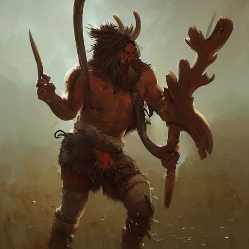 Image similar to barbarian with moose head and wooden leg by greg rutkowski