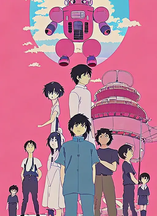 Prompt: a movie poster for a studio Ghibli film based on the song Yoshimi battles the pink robots, part 1. by the band the flaming lips; artwork by Hiyao Miyazaki and studio Ghibli; a Japanese girl is fighting a gigantic evil Pink Robot in an alley in Tokyo; incredibly detailed artwork by James jean, Phil noto, Jon Foster, studio Ghibli