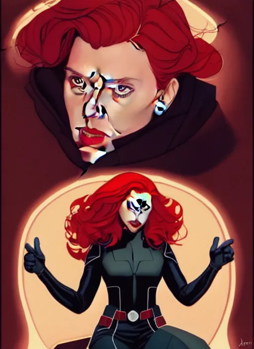 Image similar to rafeal albuquerque comic art, joshua middleton comic art, cinematics lighting, night time, pretty scarlett johansson black widow, big smirk, symmetrical face, symmetrical eyes, long red hair, full symmetrical body, flying in the air, jumping off rooftop