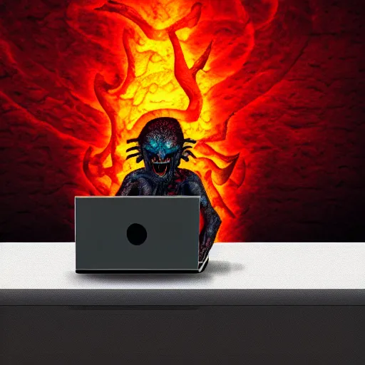 Image similar to a demon ~ using a laptop ~ lava background ~ sitting on a chair ~, 4 k, ultra hd