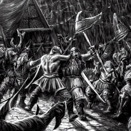 Prompt: vikings plunder the village and execute all the inhabitants in the style of kentaro miura, 4 k, 8 k, absolute detail of even the smallest details and particles, beautiful shadows, beautiful art, black and white drawing, high rendering of faces and characters