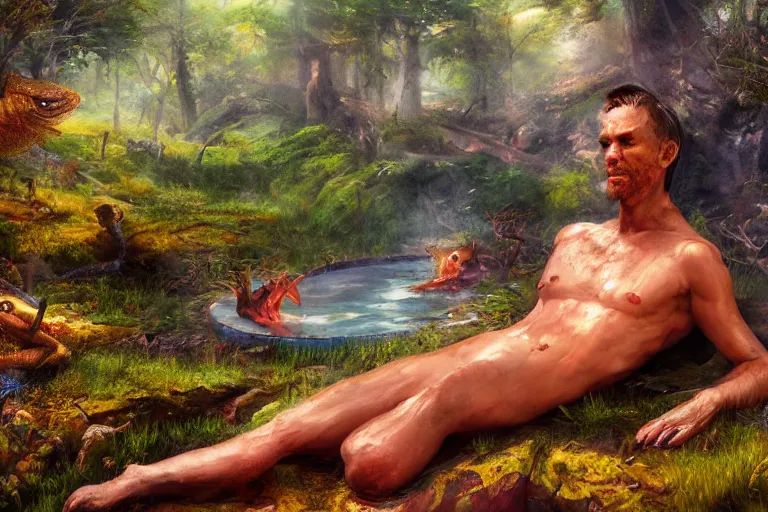 Image similar to highly detailed oil painting of a lizard man sitting in a steaming colorful hotspring with woodland forest backdrop, featured on artstation