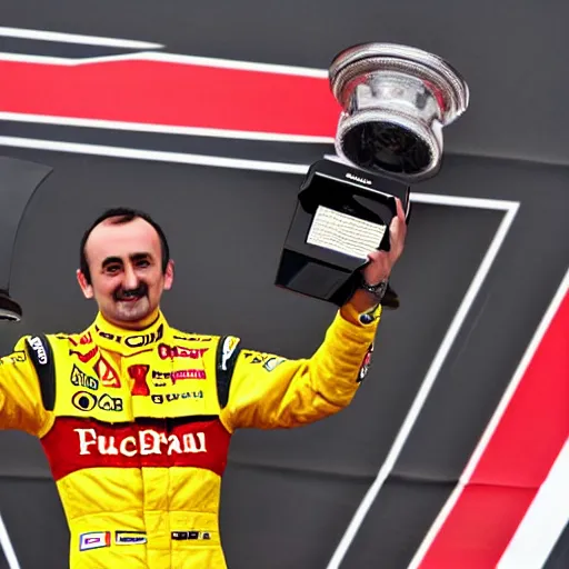 Image similar to Robert Kubica wearing a Ferrari uniform holding a F1 driver championship trophy, news photography, detailed, in focus