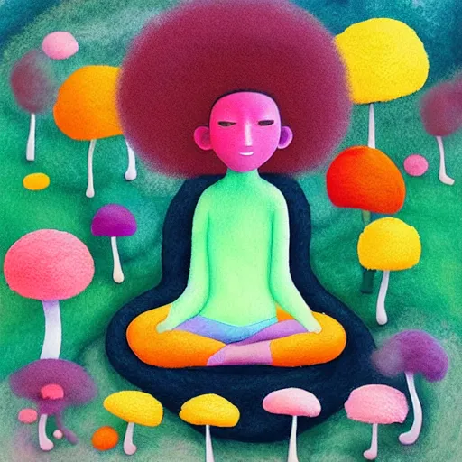 Image similar to a black girl with a colorful afro and big beautiful eyes meditating in a mushroom zen garden, bokeh, bright colors, synthwave, watercolor, volumetric wool felting, macro photography, children illustration, by goro fujita