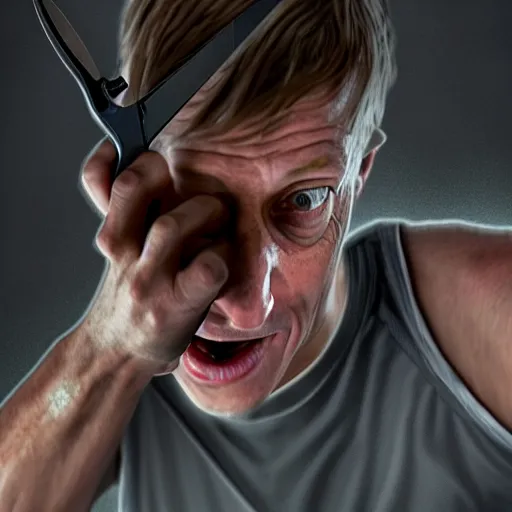 Image similar to tony hawk crying, a giant pair of scissors severs his legs, photograph, hyper realistic, outdoors, midafternoon, 4 k, artstation, unreal engine, cinematic