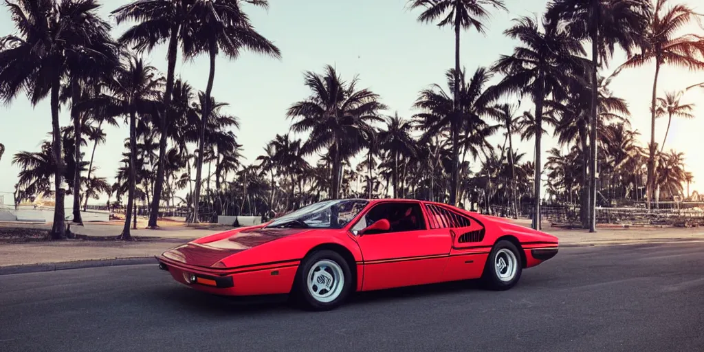 Prompt: A red 1980’s Ferrari super car cruising along an infinite highway with palm trees lining both sides, synthwave style, ‘80s retro style, atmospheric lighting