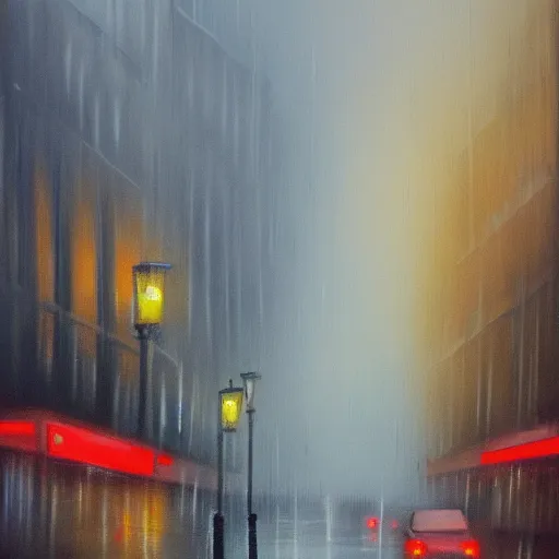 Prompt: dystopian noir city street, rain and fog, oil on canvas, brush strokes, muted colours