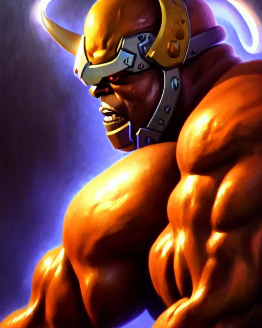 Image similar to doomfist from overwatch, fantasy, fantasy art, character portrait, portrait, close up, highly detailed, intricate detail, amazing detail, sharp focus, vintage fantasy art, vintage sci - fi art, radiant light, caustics, by boris vallejo