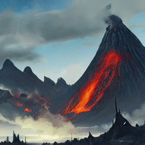 Prompt: panorama view on sauron, volcanic planes, oil painting, by Greg Rutkowski