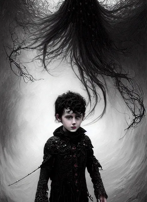 Image similar to highly detailed oil painting | very intricate | cinematic lighting | black, white and blood color scheme, dark background | portrait of a exquisite beautiful vampire little boy with long elegant tangles of black hair, eyes, gothic fog ambience, hyper realistic head, fantasy victorian art, in the style of greg rutkowski, zdizslaw beksinski, intricate, alphonse mucha