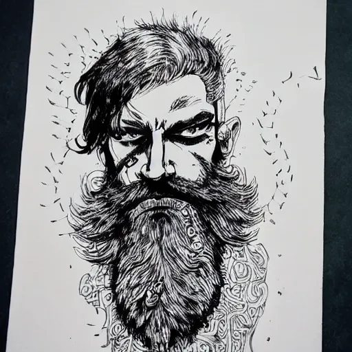 Image similar to bearded biker, intricate ink drawing, highly detailed in the style of Ashley wood