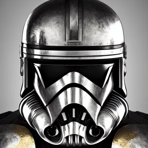 Image similar to bust portrait of a knight, high detail, silver, steel, helmet, ornate decoration, gold trim, storm trooper, tubes, pipes, valves, clock work, diffused lighting, runic etching, mandalorian, darth revan, star wars, octane, unreal 5