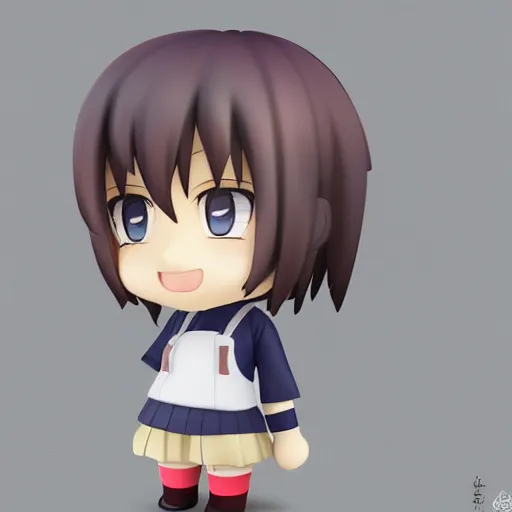 Image similar to character face portrait of a singular kawaii chibi in the sytle of kyoto animation, in simple background, nendoroid eyes, blender, toon rendering, toon shader, anime waifu, hokusai