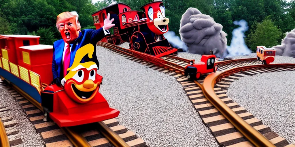 Prompt: Photo of Donald J. Trump crashing a kiddy train into gravel, screaming, taken in Silver Dollar City 2020