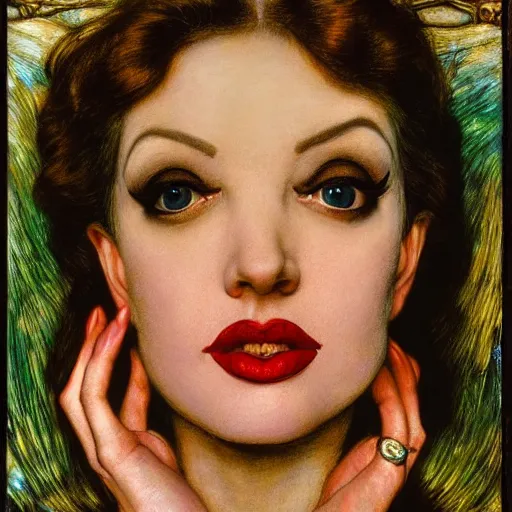 Image similar to portrait of a hybrid of a hybrid of judy garland and angelina jolie and a hybrid of liza minelli and britney spears, holman hunt, john william waterhouse, kilian eng, rosetti, john everett millais, william holman hunt, 4 k