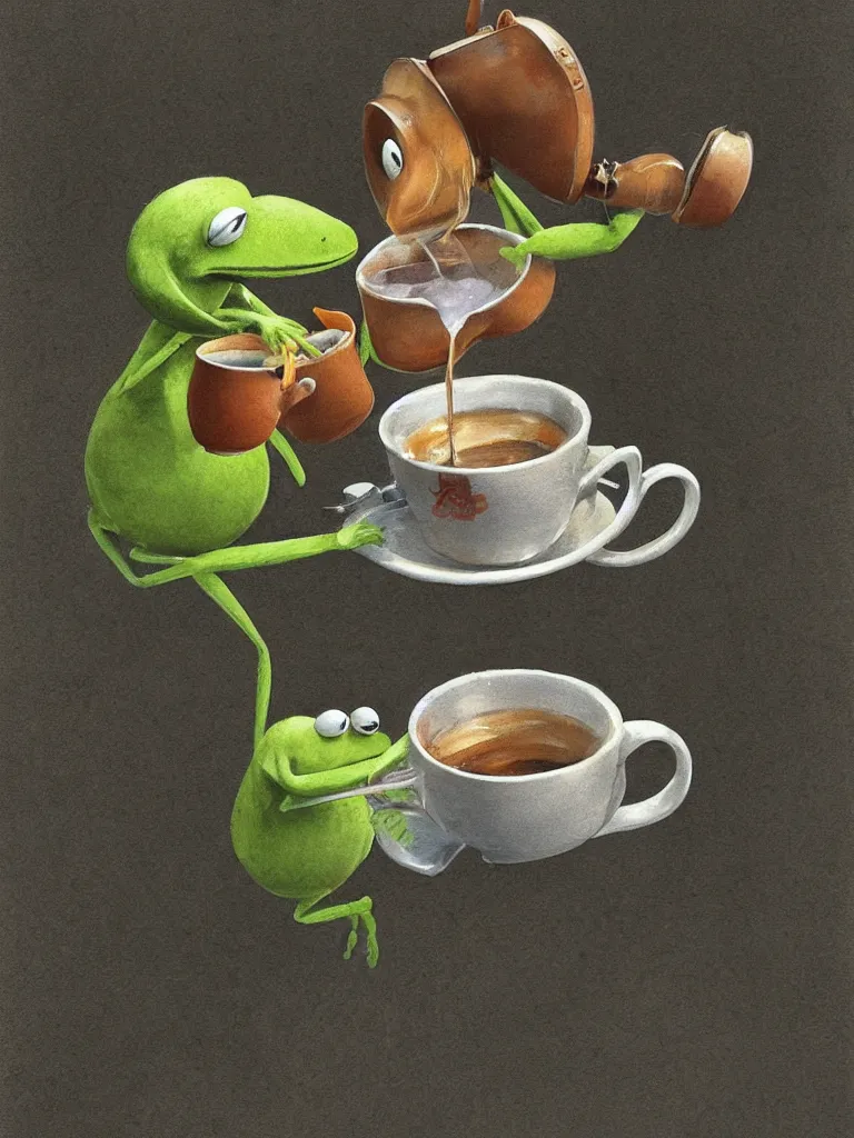 Image similar to kermit offers a cup of fresh steaming coffee, serene illustration, by Yoshita Amano, by Esao Andrews, sharp focus, fresh colors, conceptart, trending on artstation