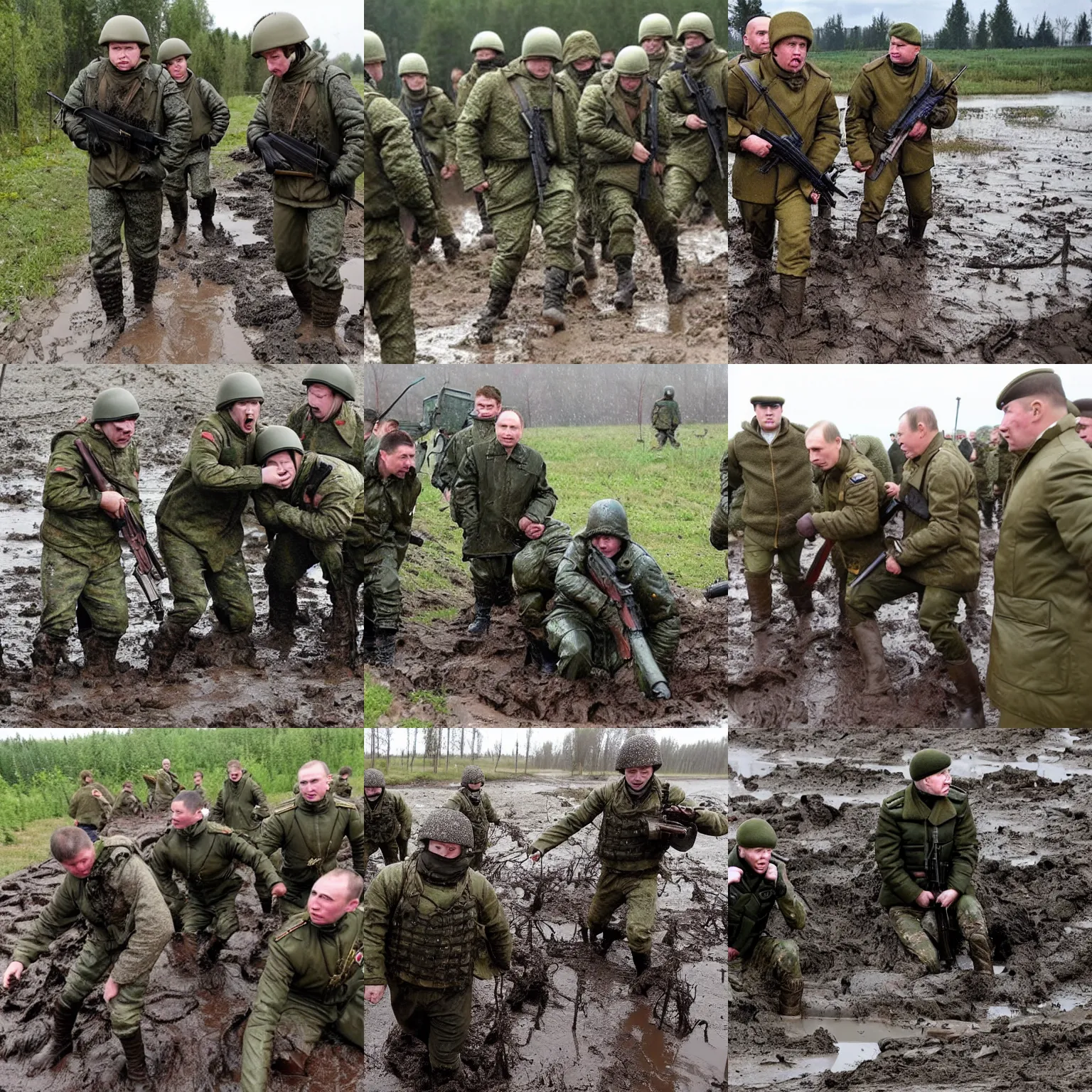 Prompt: Russian army infantry soldiers, with Vladimir Putin, stuck in mud, dirty, despair, raining