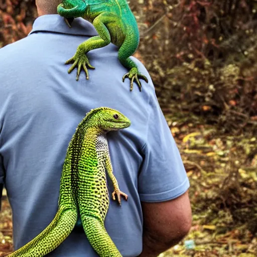 Prompt: Man with a lizard tail