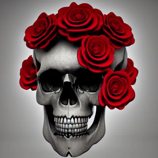 Image similar to skull made of red roses, organic horror, devil, death, giger, epic, baroque, art nouveau, james jean, photorealistic render, 3 ds max + v - ray, extremely detailed and intricate, center composition, elegant, vfx, unreal engine 5, octane render, extremely contrast, extremely sharp lines