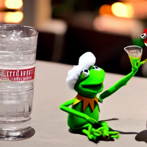 Prompt: kermit the frog drinking vodka