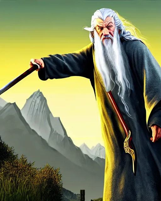 Prompt: Gandalf the gray from Lord of the rings in GTA V loading screen, GTA V Cover art by Stephen Bliss, boxart, loading screen,