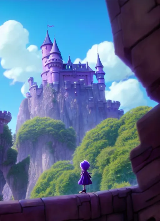 Image similar to a wholesome animation key shot of a purple dragon, castle in the background, studio ghibli, pixar and disney animation, sharp, rendered in unreal engine 5, anime key art by greg rutkowski, bloom, dramatic lighting