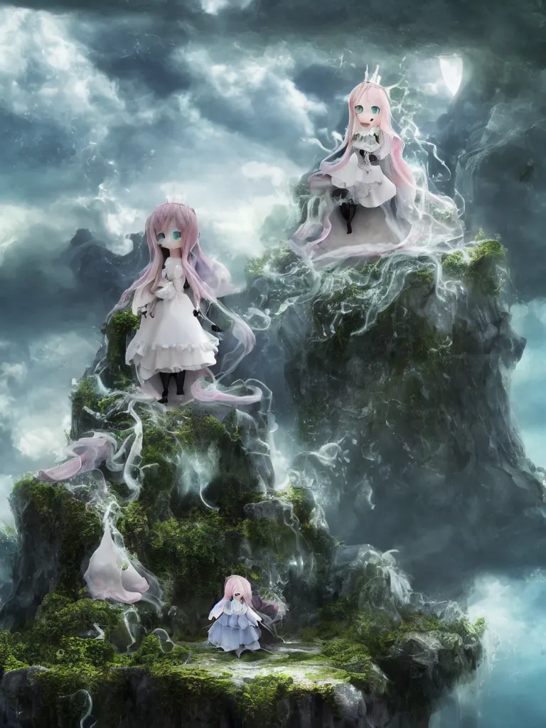 Prompt: cute fumo plush of a princess girl in a tower on a tiny island which she lays sole claim to, selfish empress of the abyss, tempestuous waters and thunderclouds, wisps of volumetric smoke and fog, gothic wraith maiden in tattered white dress, floating island, vignette, vray