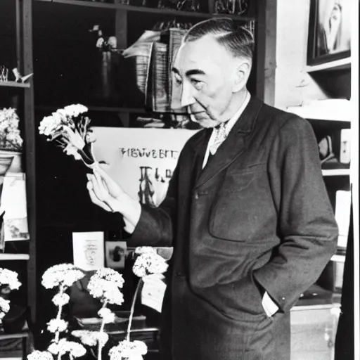 Image similar to color photo of robert oppenheimer selling flowers