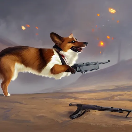 Image similar to a corgi shooting an ak 4 7 geog darrow greg rutkowski