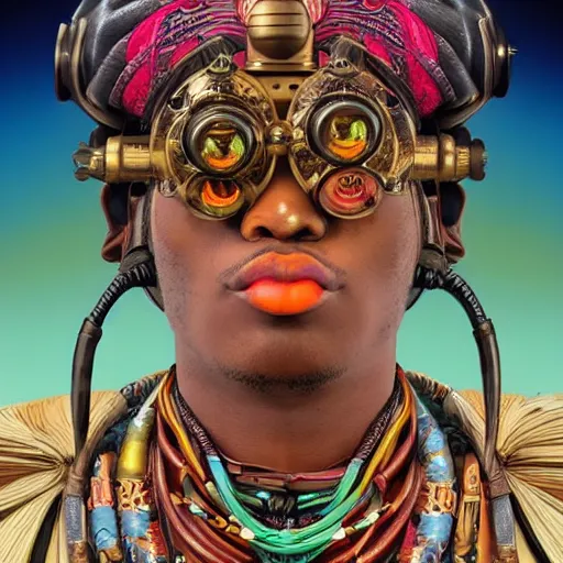 Image similar to colourful vfx upper half - portrait - art of a african tribal chief wearing steam punk goggles, art by utagawa kunisada, james jean & alphonse mucha, symmetrical, intricate detail, concept art, volumetric light, ray tracing, caricature, digital illustration, digital painting, octane 3 d render, unreal engine, sharp, pinterest, behance, art station,