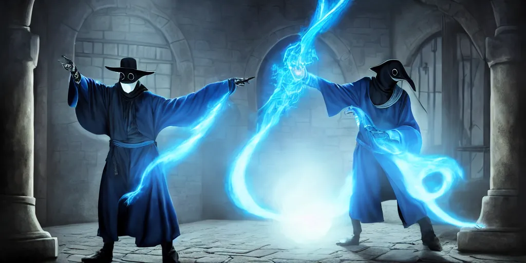 Image similar to action packed scene of a plague doctor in a blue wizard robe who is casting a spell that is coming from his hands he is in an alchemist lab, action pose, medium shot, waist up, digital art, photoreal, 4 k, unreal engine 5, anime, d & d design, gta cover art, comic book art